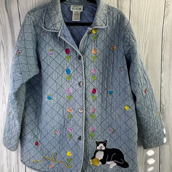 Vtg CAT Quacker Factory Jacket Womens L Quilted Embroidery Grannycore (READ) - Picture 4 of 10
